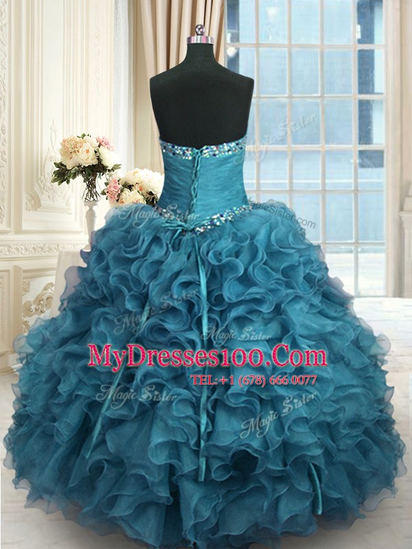On Sale Beading and Ruffles 15th Birthday Dress Baby Blue Lace Up Sleeveless Floor Length