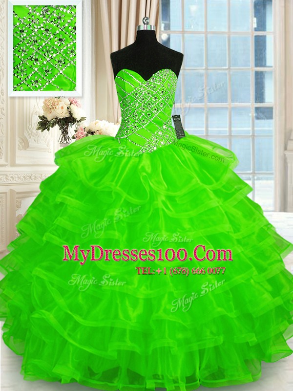 Ball Gowns Beading and Ruffled Layers 15th Birthday Dress Lace Up Organza Sleeveless Floor Length