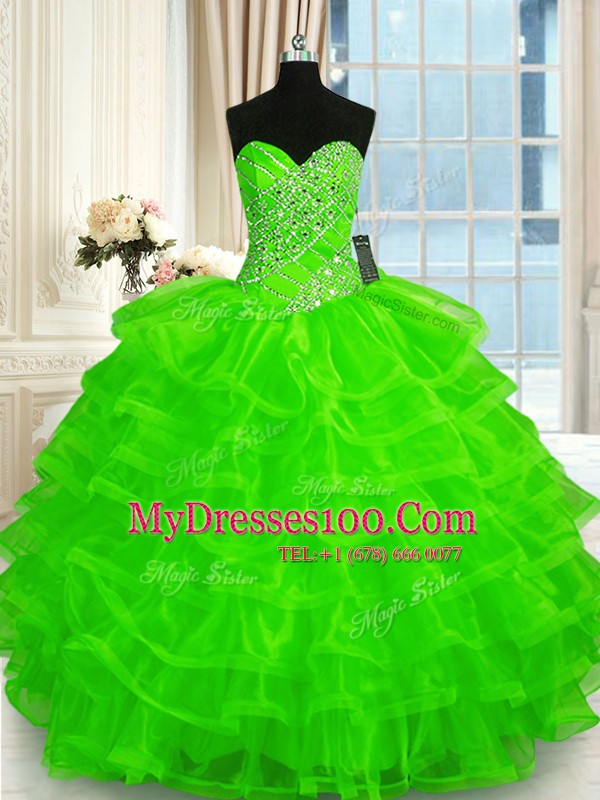 Ball Gowns Beading and Ruffled Layers 15th Birthday Dress Lace Up Organza Sleeveless Floor Length