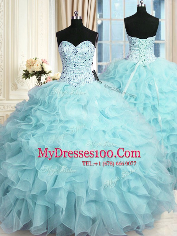 Popular Floor Length Aqua Blue Vestidos de Quinceanera Organza Sleeveless Beading and Ruffles