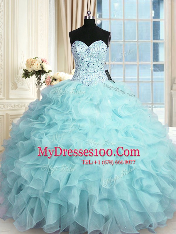 Popular Floor Length Aqua Blue Vestidos de Quinceanera Organza Sleeveless Beading and Ruffles