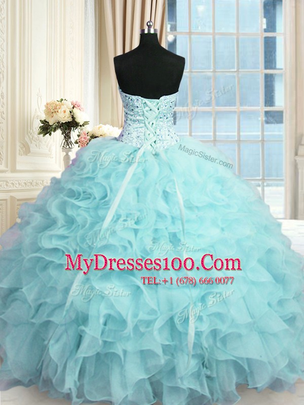 Popular Floor Length Aqua Blue Vestidos de Quinceanera Organza Sleeveless Beading and Ruffles