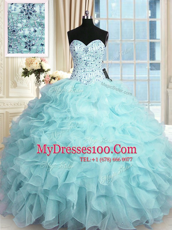 Popular Floor Length Aqua Blue Vestidos de Quinceanera Organza Sleeveless Beading and Ruffles