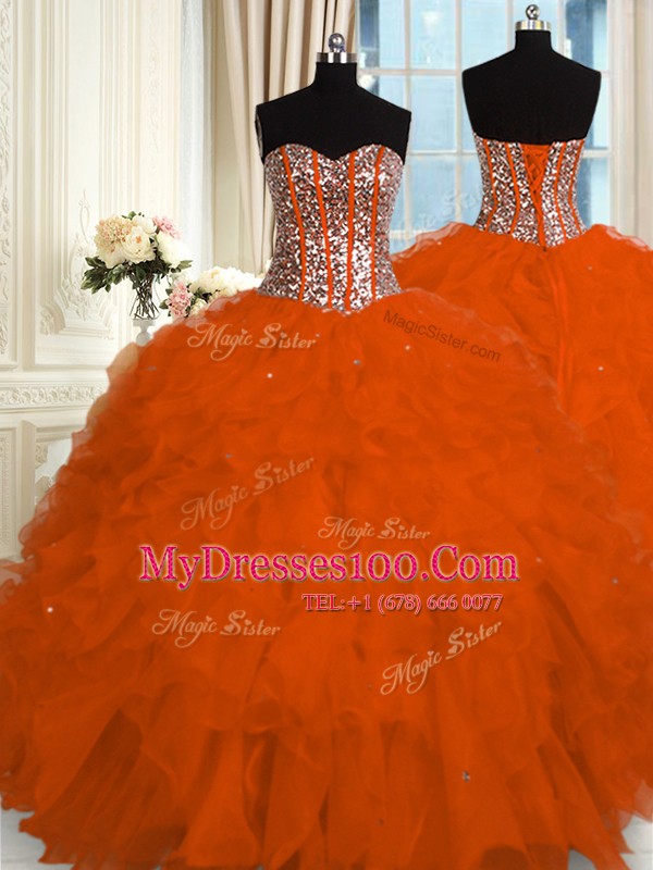 Red Ball Gowns Sweetheart Sleeveless Organza Floor Length Lace Up Beading and Ruffles Quinceanera Dress