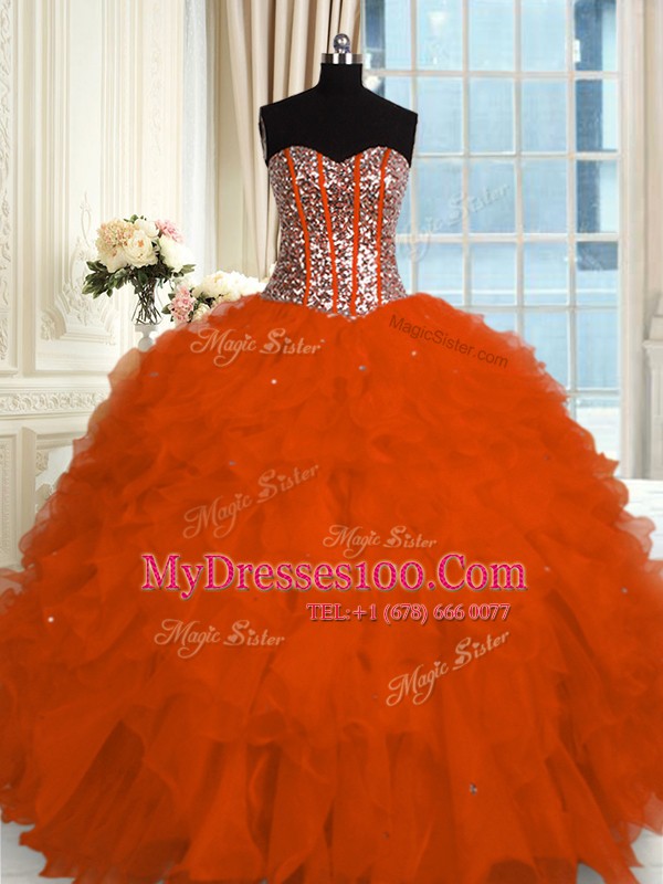 Red Ball Gowns Sweetheart Sleeveless Organza Floor Length Lace Up Beading and Ruffles Quinceanera Dress