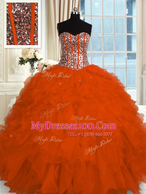 Red Ball Gowns Sweetheart Sleeveless Organza Floor Length Lace Up Beading and Ruffles Quinceanera Dress