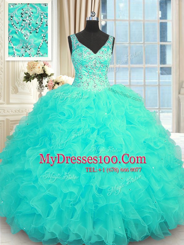 Aqua Blue Ball Gowns Organza V-neck Sleeveless Beading and Ruffles Floor Length Zipper Quinceanera Gown