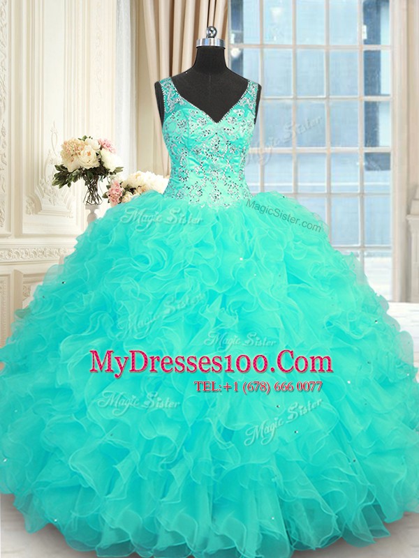 Aqua Blue Ball Gowns Organza V-neck Sleeveless Beading and Ruffles Floor Length Zipper Quinceanera Gown