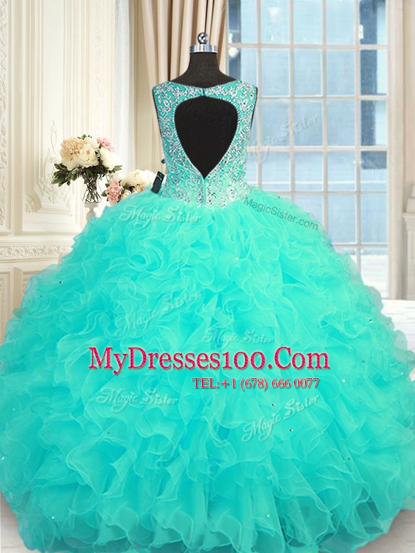 Aqua Blue Ball Gowns Organza V-neck Sleeveless Beading and Ruffles Floor Length Zipper Quinceanera Gown