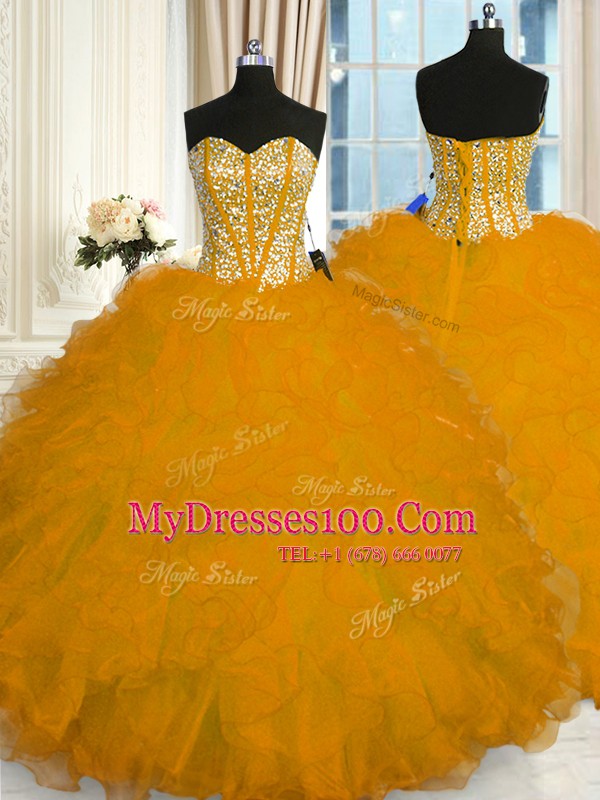 Beading and Ruffles Quince Ball Gowns Gold Lace Up Sleeveless Floor Length