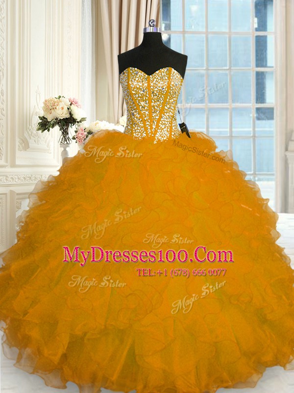 Beading and Ruffles Quince Ball Gowns Gold Lace Up Sleeveless Floor Length