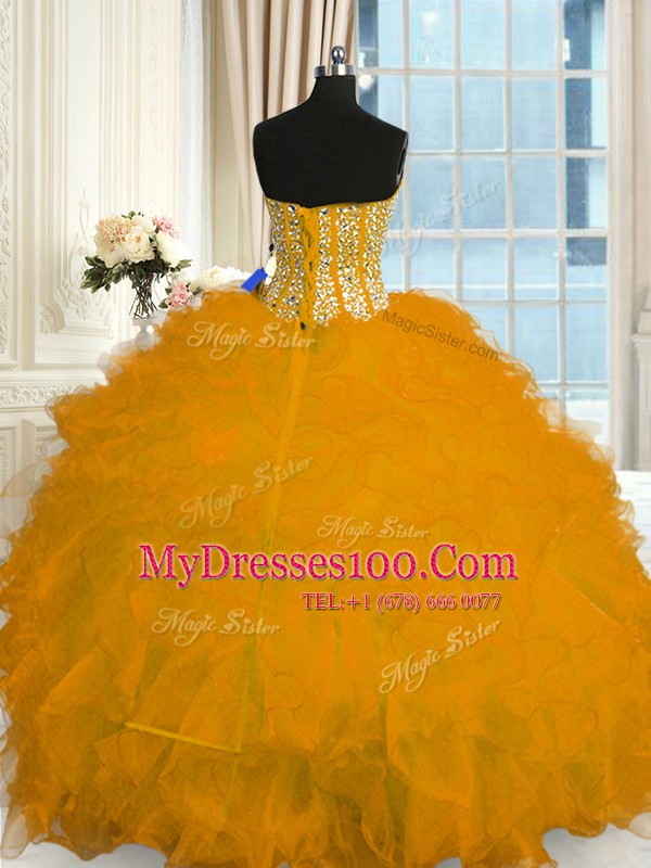 Beading and Ruffles Quince Ball Gowns Gold Lace Up Sleeveless Floor Length