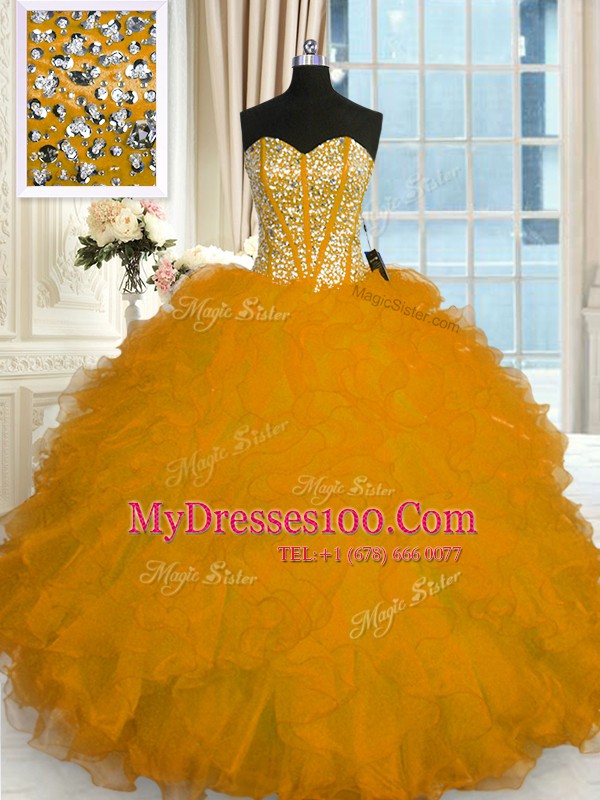 Beading and Ruffles Quince Ball Gowns Gold Lace Up Sleeveless Floor Length
