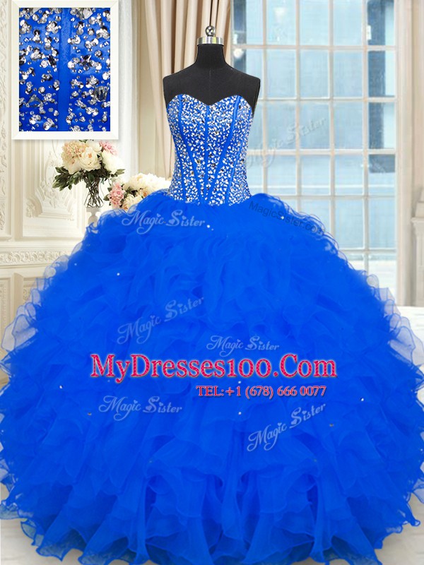 Luxury Sleeveless Organza Floor Length Lace Up 15th Birthday Dress in Royal Blue with Beading and Ruffles