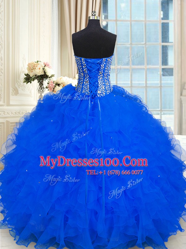 Luxury Sleeveless Organza Floor Length Lace Up 15th Birthday Dress in Royal Blue with Beading and Ruffles