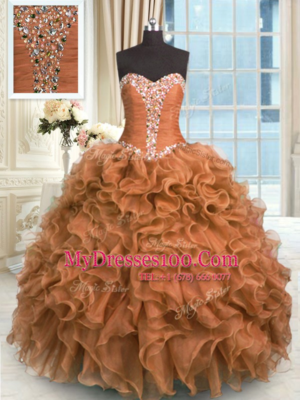 Floor Length Brown Quince Ball Gowns Organza Sleeveless Beading and Ruffles