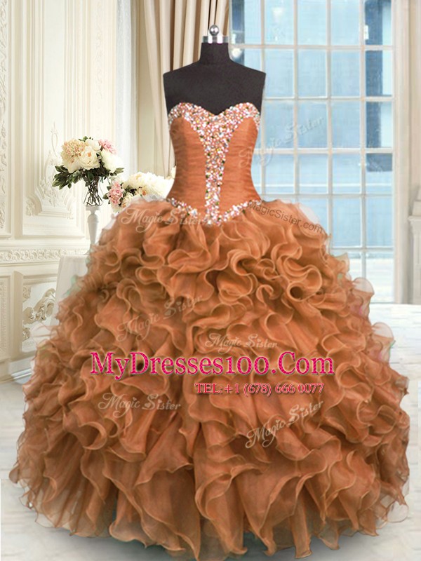 Floor Length Brown Quince Ball Gowns Organza Sleeveless Beading and Ruffles