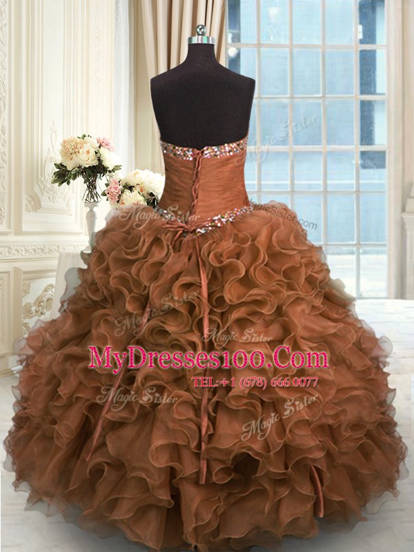 Floor Length Brown Quince Ball Gowns Organza Sleeveless Beading and Ruffles