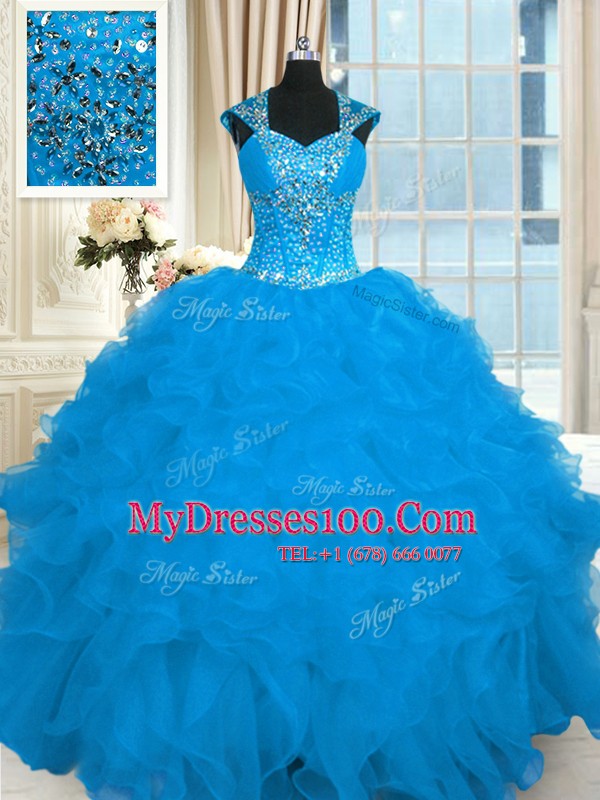 Cap Sleeves Organza Floor Length Lace Up Quinceanera Gowns in Aqua Blue with Beading and Ruffles