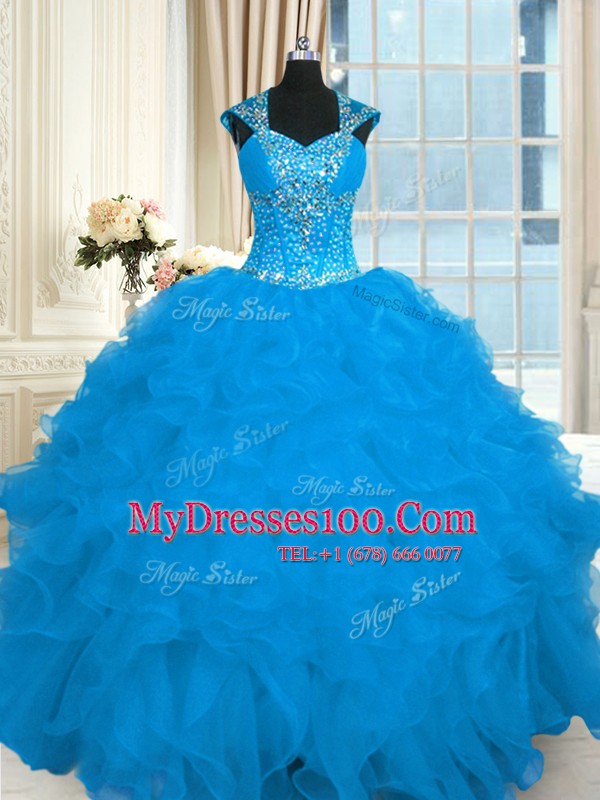 Cap Sleeves Organza Floor Length Lace Up Quinceanera Gowns in Aqua Blue with Beading and Ruffles