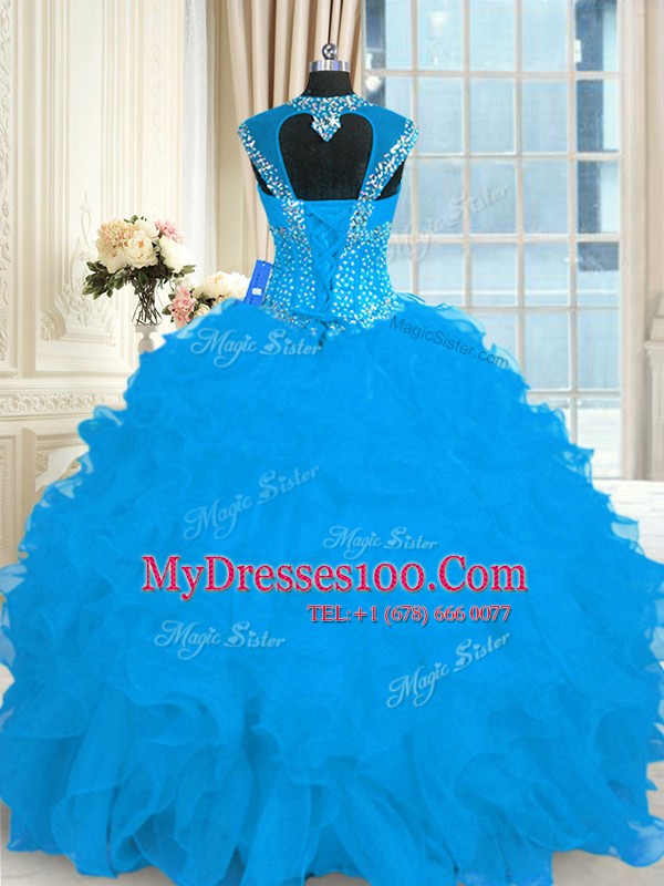 Cap Sleeves Organza Floor Length Lace Up Quinceanera Gowns in Aqua Blue with Beading and Ruffles