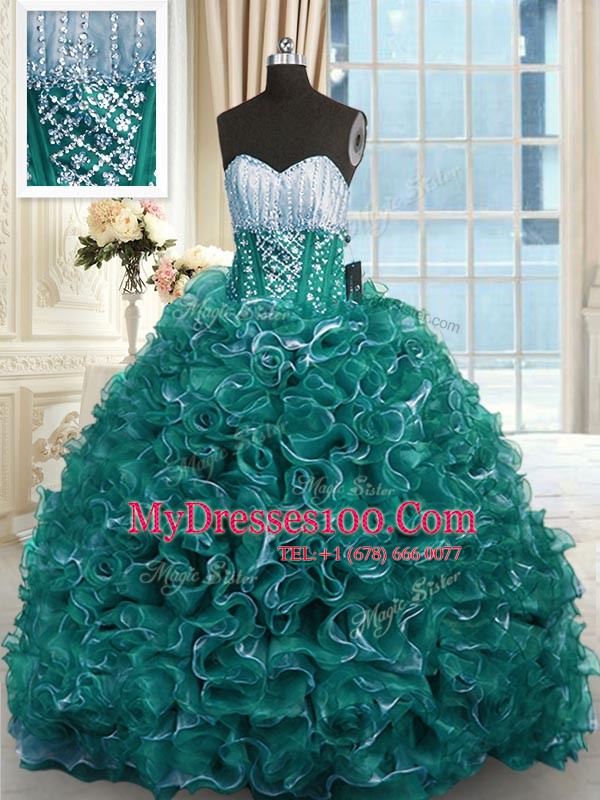 Turquoise Sweetheart Lace Up Beading and Ruffles Sweet 16 Quinceanera Dress Brush Train Sleeveless