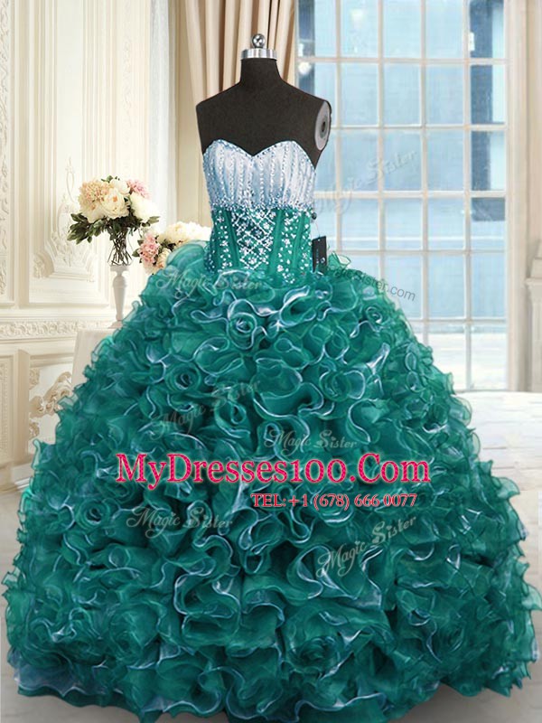 Turquoise Sweetheart Lace Up Beading and Ruffles Sweet 16 Quinceanera Dress Brush Train Sleeveless