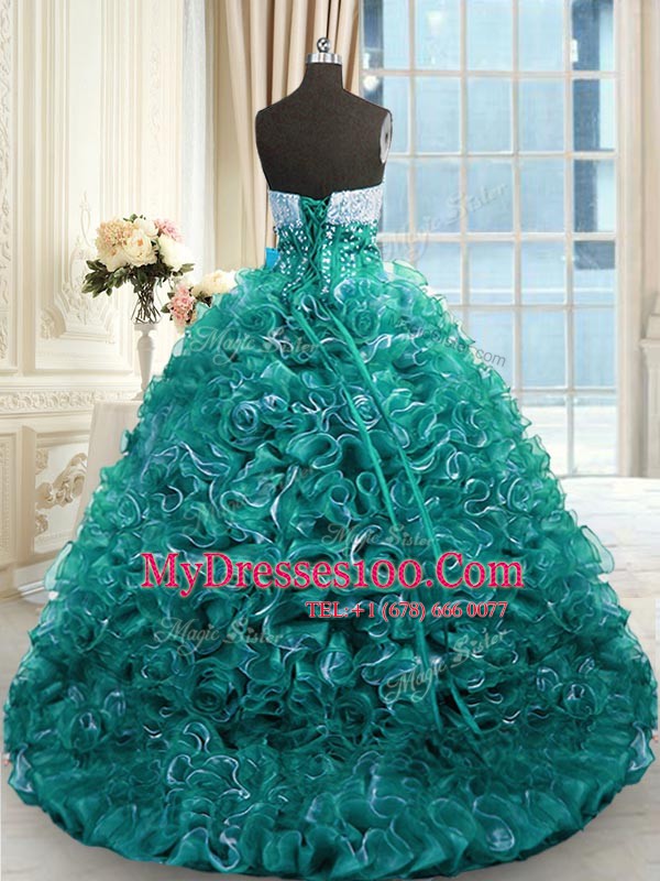 Turquoise Sweetheart Lace Up Beading and Ruffles Sweet 16 Quinceanera Dress Brush Train Sleeveless