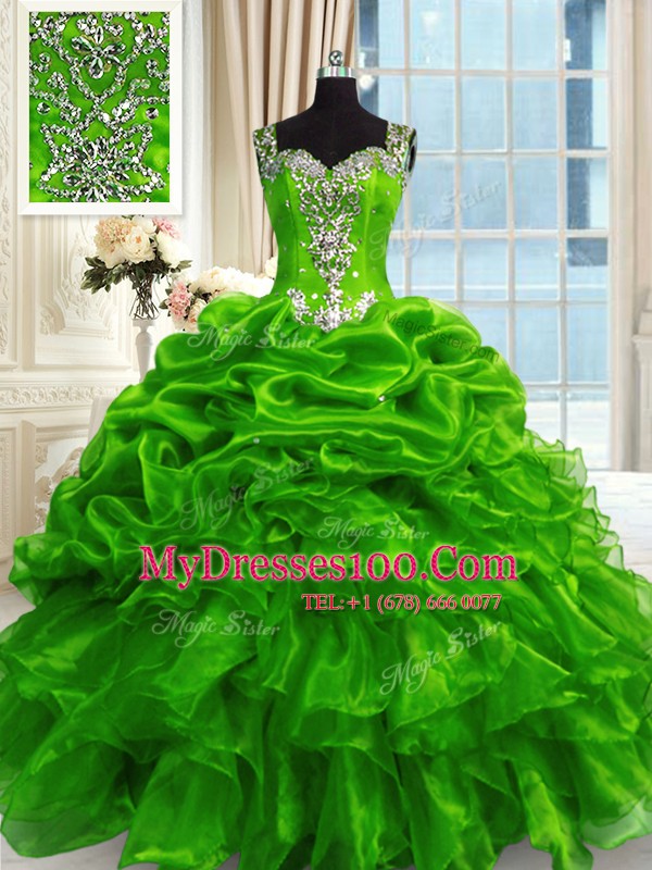 Smart Straps Sleeveless Organza Sweet 16 Dresses Beading and Ruffles and Pick Ups Lace Up