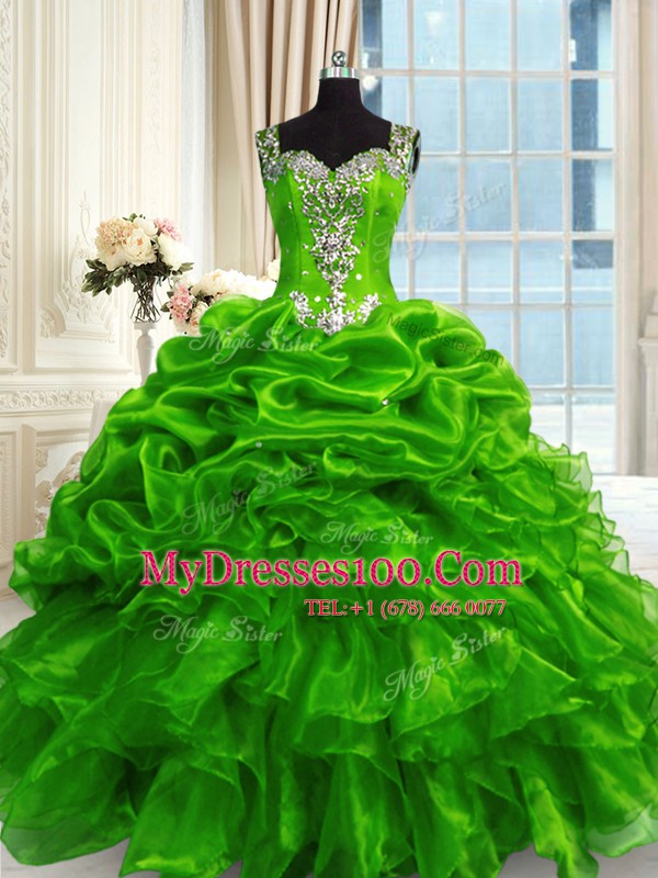 Smart Straps Sleeveless Organza Sweet 16 Dresses Beading and Ruffles and Pick Ups Lace Up
