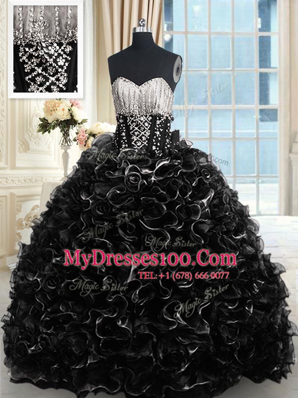 Custom Designed Black Sleeveless With Train Beading and Ruffles Lace Up Vestidos de Quinceanera