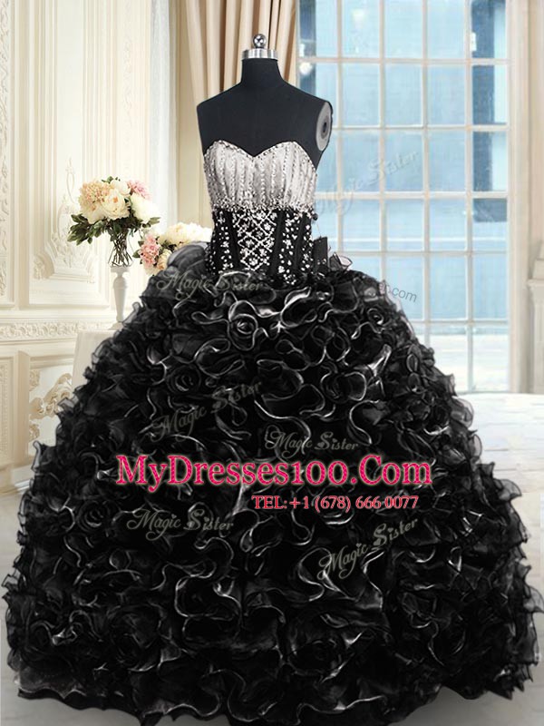 Custom Designed Black Sleeveless With Train Beading and Ruffles Lace Up Vestidos de Quinceanera