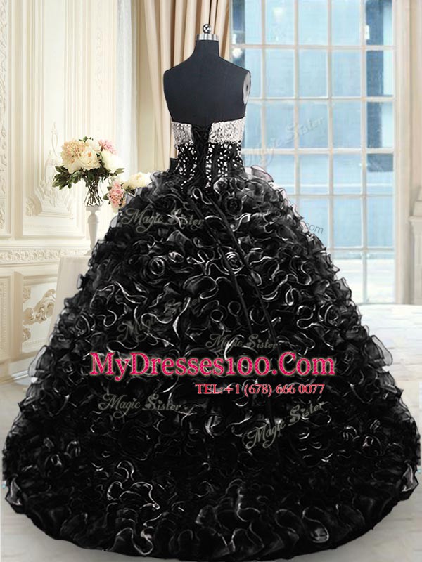 Custom Designed Black Sleeveless With Train Beading and Ruffles Lace Up Vestidos de Quinceanera