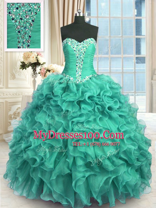 Turquoise Sweetheart Lace Up Beading and Ruffles Sweet 16 Dresses Sleeveless
