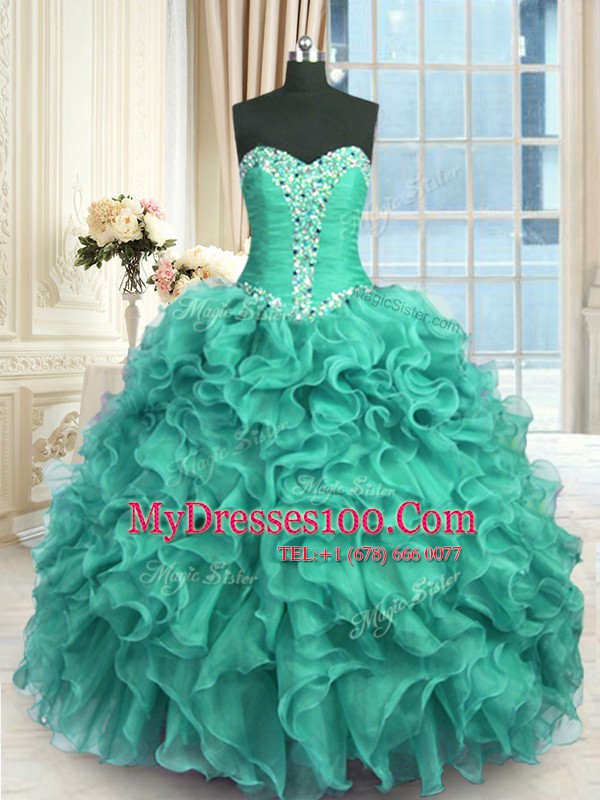 Turquoise Sweetheart Lace Up Beading and Ruffles Sweet 16 Dresses Sleeveless