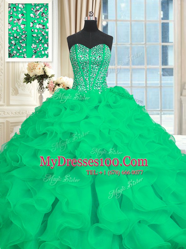 Sleeveless With Train Beading and Ruffles Lace Up Sweet 16 Dress with Turquoise Brush Train