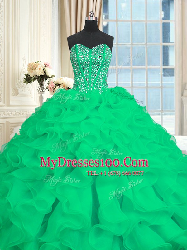 Sleeveless With Train Beading and Ruffles Lace Up Sweet 16 Dress with Turquoise Brush Train