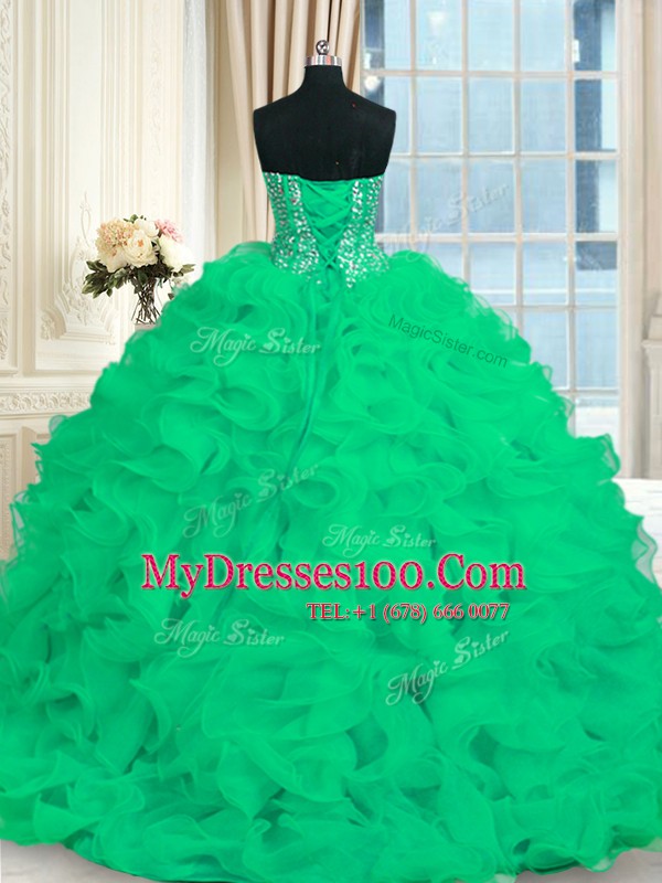 Sleeveless With Train Beading and Ruffles Lace Up Sweet 16 Dress with Turquoise Brush Train