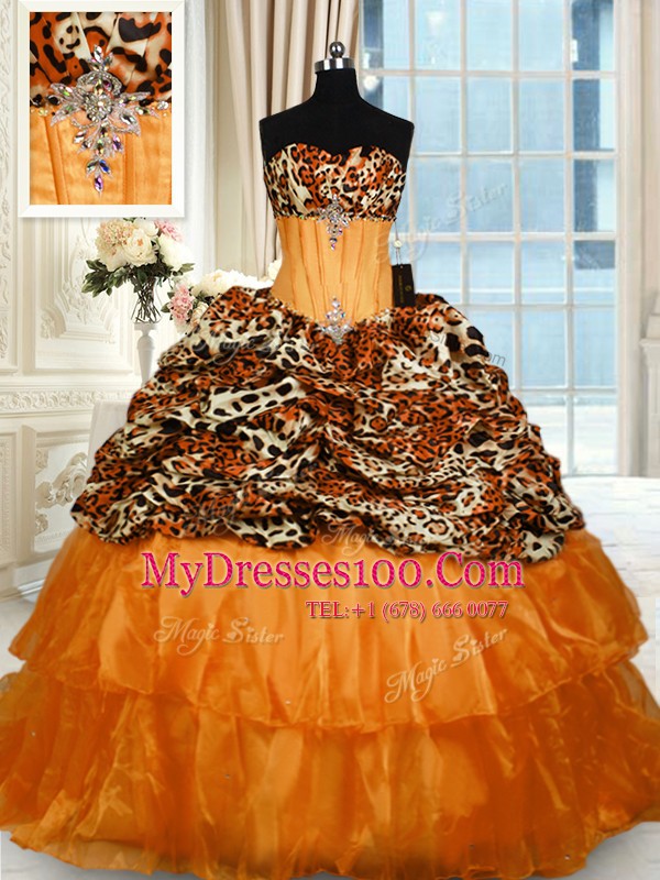 Strapless Sleeveless Organza and Printed Ball Gown Prom Dress Beading and Ruffled Layers Sweep Train Lace Up