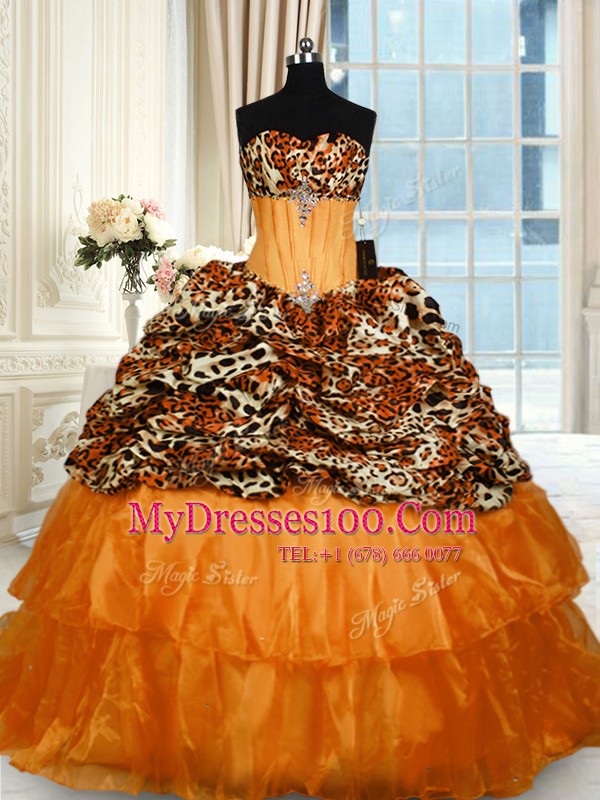 Strapless Sleeveless Organza and Printed Ball Gown Prom Dress Beading and Ruffled Layers Sweep Train Lace Up