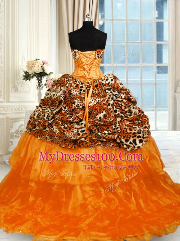 Strapless Sleeveless Organza and Printed Ball Gown Prom Dress Beading and Ruffled Layers Sweep Train Lace Up
