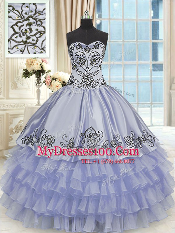 Affordable Sweetheart Sleeveless Quince Ball Gowns Floor Length Beading and Embroidery and Ruffled Layers Lavender Organza and Taffeta