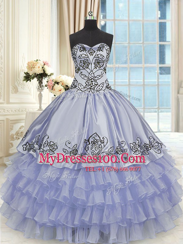 Affordable Sweetheart Sleeveless Quince Ball Gowns Floor Length Beading and Embroidery and Ruffled Layers Lavender Organza and Taffeta