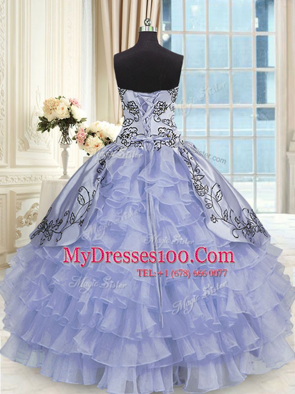 Affordable Sweetheart Sleeveless Quince Ball Gowns Floor Length Beading and Embroidery and Ruffled Layers Lavender Organza and Taffeta