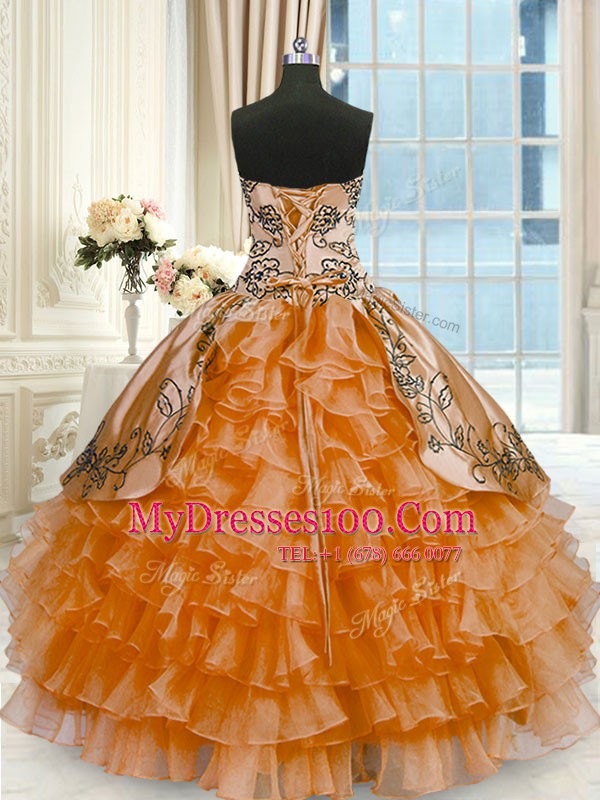 Rust Red Lace Up Vestidos de Quinceanera Beading and Embroidery and Ruffled Layers Sleeveless Floor Length