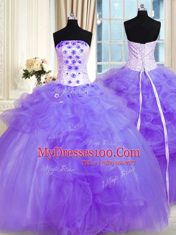 Vintage Lavender 15th Birthday Dress Military Ball and Sweet 16 and Quinceanera and For with Pick Ups and Hand Made Flower Strapless Sleeveless Lace Up