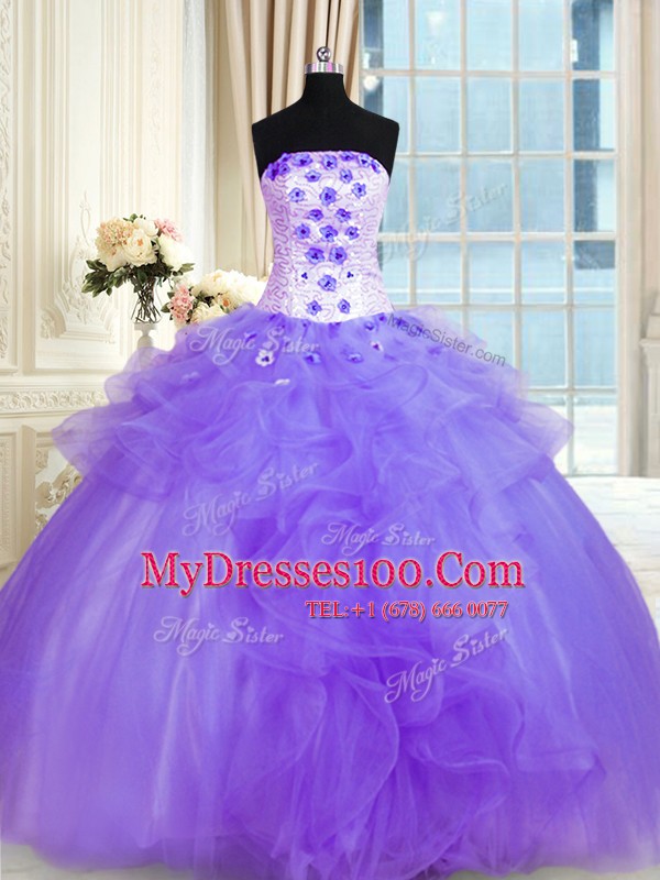 Vintage Lavender 15th Birthday Dress Military Ball and Sweet 16 and Quinceanera and For with Pick Ups and Hand Made Flower Strapless Sleeveless Lace Up