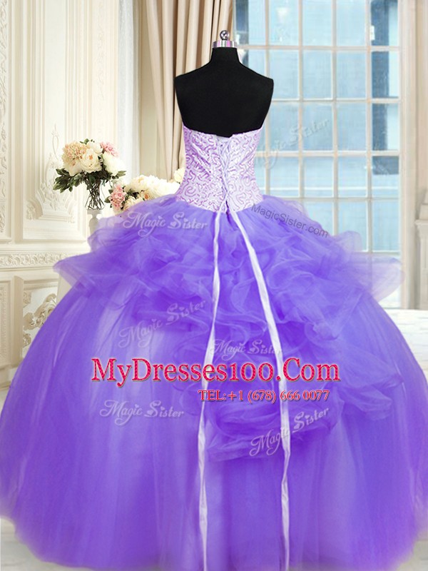 Vintage Lavender 15th Birthday Dress Military Ball and Sweet 16 and Quinceanera and For with Pick Ups and Hand Made Flower Strapless Sleeveless Lace Up