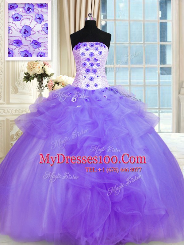 Vintage Lavender 15th Birthday Dress Military Ball and Sweet 16 and Quinceanera and For with Pick Ups and Hand Made Flower Strapless Sleeveless Lace Up