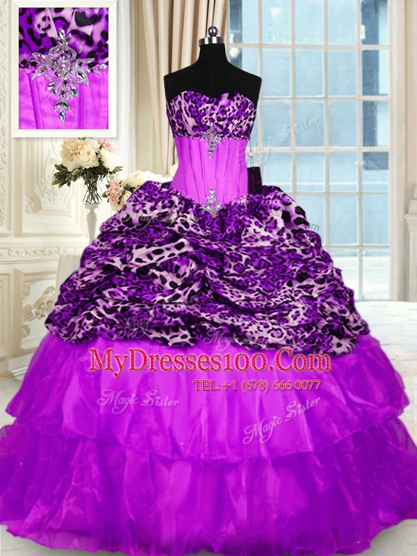 Printed Purple Lace Up Quince Ball Gowns Beading and Ruffled Layers Sleeveless Sweep Train